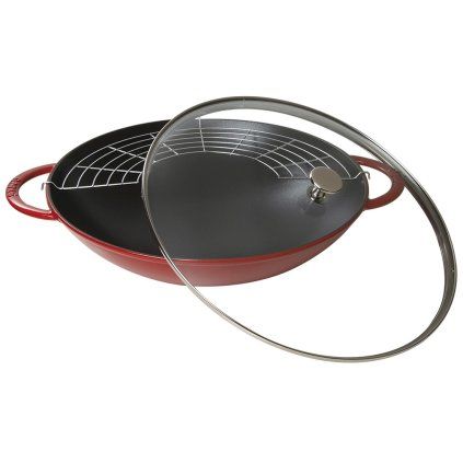 Wok 37 cm, cu capac de sticlă, vișiniu, din fontă, Staub