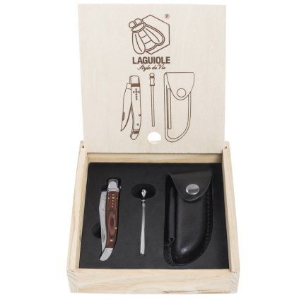 Cuțit de buzunar LAGUIOLE LUXURY set cadou, cu ascuțitoare și husă, cu mâner din lemn de trandafir, Laguiole