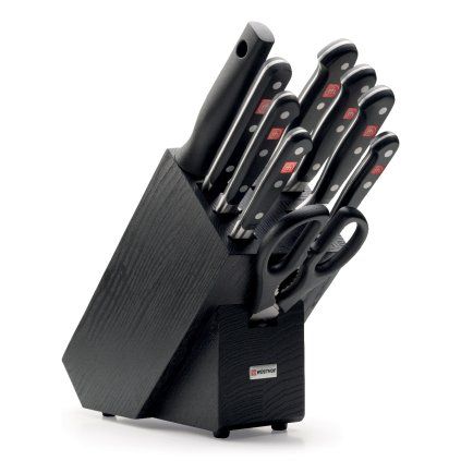 Set bloc de cuțite CLASSIC, 10 buc, cu dispozitiv de honuit, foarfecă și furculiță pentru carne, negru, Wüsthof