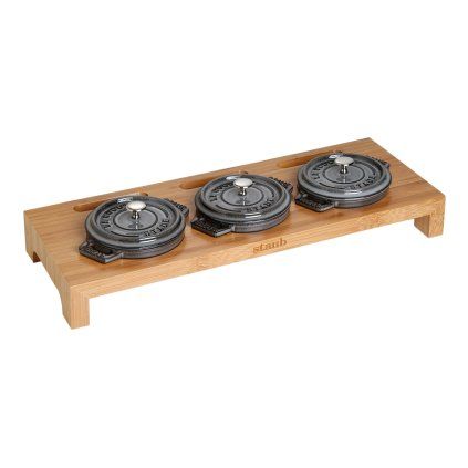 Suport de servire pentru 3 mini oale din fontă, bambus, Staub