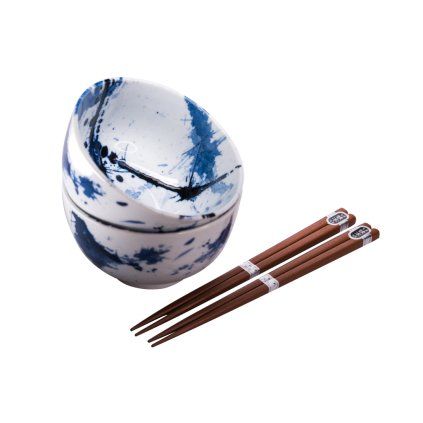 Bol ceramică BLUE & WHITE 350 ml, set de 2 buc, cu bețișoare, MIJ