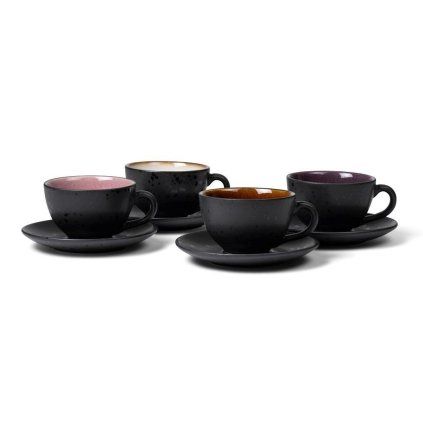 Ceașcă de ceai cu farfurie, set de 4 buc, 240 ml, negru/mix, Bitz