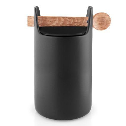 Borcan de depozitare pentru bucătărie, înalt, cu lingură de lemn, Negru, Eva Trio