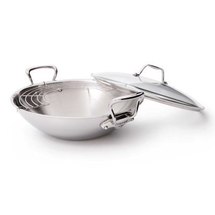 Wok 32 cm, mânere din oțel inoxidabil, capac din sticlă, Mauviel