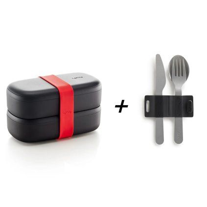 Cutie pentru prânz LUNCHBOX TO GO, 1 l, cu tacâmuri, negru, Lékué