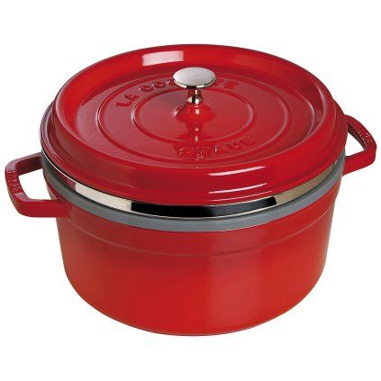 Oală de gătit COCOTTE 26 cm, 5,2 l, cu coș de aburi, vișiniu, fontă, Staub