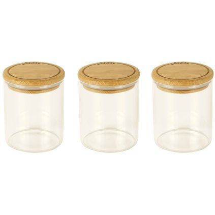 Borcan de depozitare pentru bucătărie PKV-014 180 ml, set de 3 buc, sticlă/bambus, Pebbly