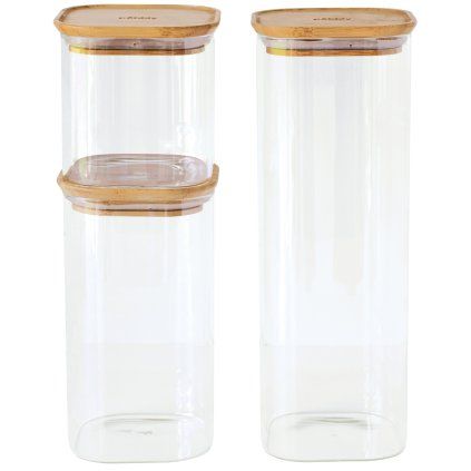 Borcan de depozitare pentru bucătărie PKV-035, set de 3 buc, sticlă/bambus, Pebbly